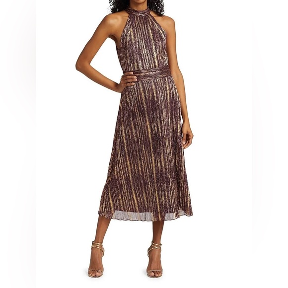 ML Monique‎ Lhuillier Metallic Halter Midi Cocktail Dress Size 4 - Picture 5 of 7